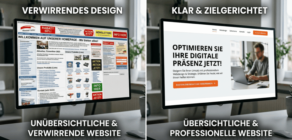 jede Unternehmenswebsite haben muss (1) Vergleichsgrafik mit zwei Monitoren nebeneinander: Links ist eine überladene, unübersichtliche Website mit vielen Bannern, kleinen Textblöcken, grellen Hinweisen und mehreren Spalten zu sehen. Rechts wird eine moderne, klare und professionelle Website mit großer Überschrift, viel Weißraum, übersichtlicher Navigation, Bildbereich und auffälligem orangefarbenem Call-to-Action-Button dargestellt.