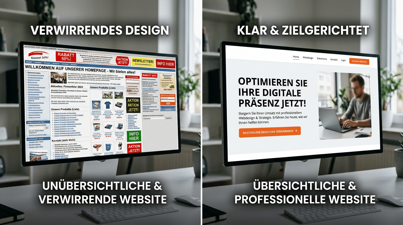 Vergleichsgrafik mit zwei Monitoren nebeneinander: Links ist eine überladene, unübersichtliche Website mit vielen Bannern, kleinen Textblöcken, grellen Hinweisen und mehreren Spalten zu sehen. Rechts wird eine moderne, klare und professionelle Website mit großer Überschrift, viel Weißraum, übersichtlicher Navigation, Bildbereich und auffälligem orangefarbenem Call-to-Action-Button dargestellt.