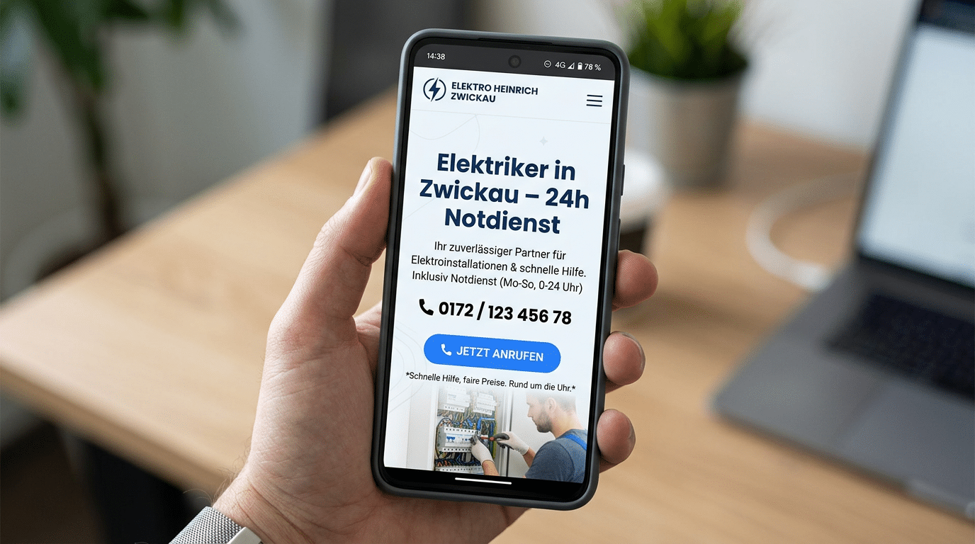Eine Hand hält ein Smartphone vor einem unscharfen Schreibtisch mit Laptop und Pflanze. Auf dem Smartphone ist eine mobile Website eines Elektriker-Notdienstes aus Zwickau zu sehen, mit großer Überschrift, Telefonnummer, blauem Anruf-Button und einem kleinen Bild eines Elektrikers bei Arbeiten an einem Sicherungskasten.